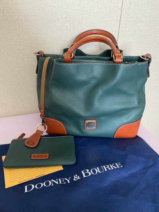 Dooney & Bourke Handbags - Dooney & Bourke Green Leather Tote with Brown Trim and Matching Pouch